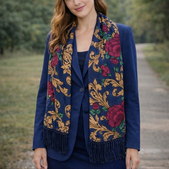 Vintage Accessories - Vintage Blue Floral Print Scarf with Fringe